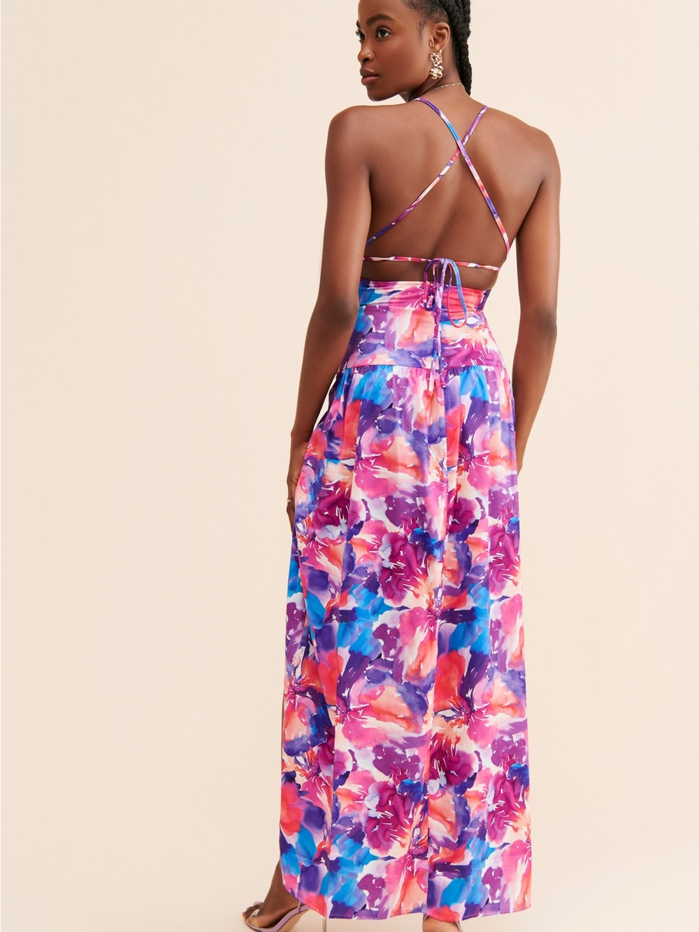 For Love & Lemons Floral Cutout Halter Maxi Dress - Purple, Pink, Blue - Picture 4 of 7